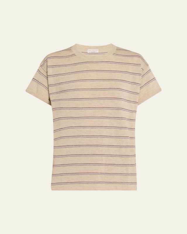 Metallic Striped Linen Knit T-Shirt